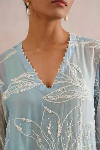 Blue green ombre embroidered mul chanderi dress