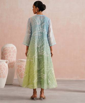 Blue green ombre embroidered mul chanderi dress 4