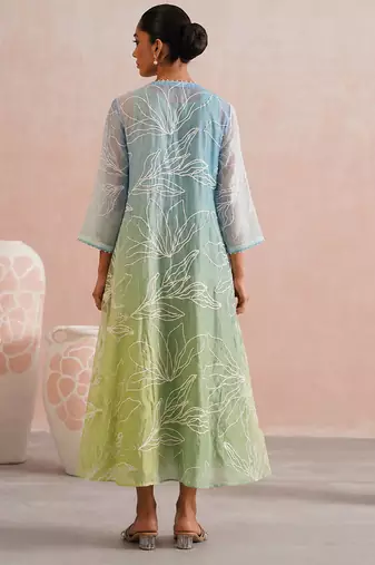 Blue green ombre embroidered mul chanderi dress