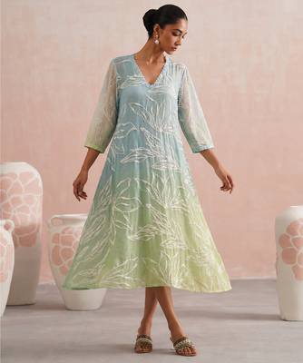 Blue green ombre embroidered mul chanderi dress 5