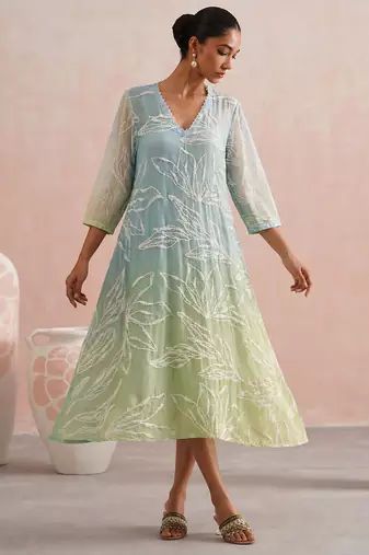 Blue green ombre embroidered mul chanderi dress