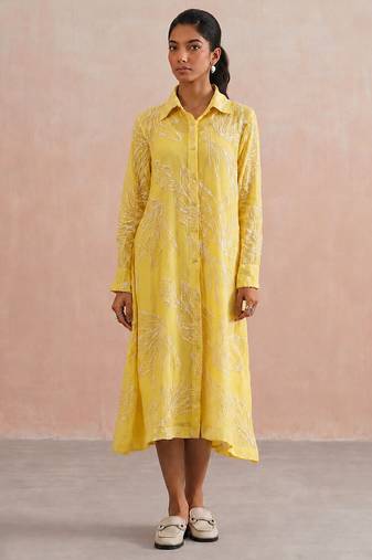 Yellow embroidered mul chanderi dress