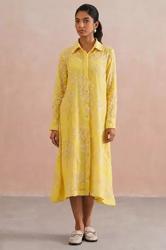Yellow embroidered mul chanderi dress