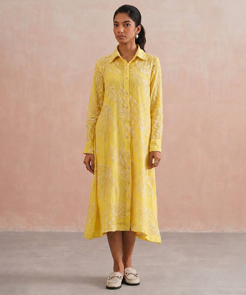 Yellow embroidered mul chanderi dress
