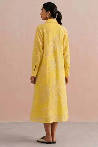 Yellow embroidered mul chanderi dress
