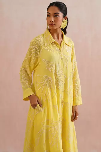 Yellow embroidered mul chanderi dress