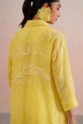 Yellow embroidered mul chanderi dress