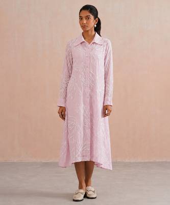 Pastel pink embroidered mul chanderi dress 1