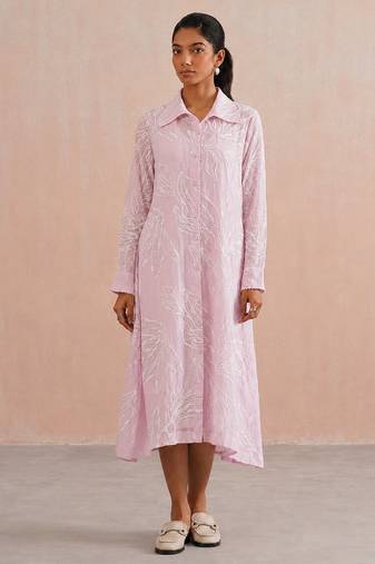 Pastel pink embroidered mul chanderi dress