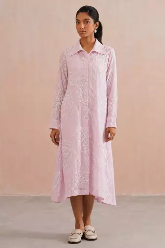 Pastel pink embroidered mul chanderi dress