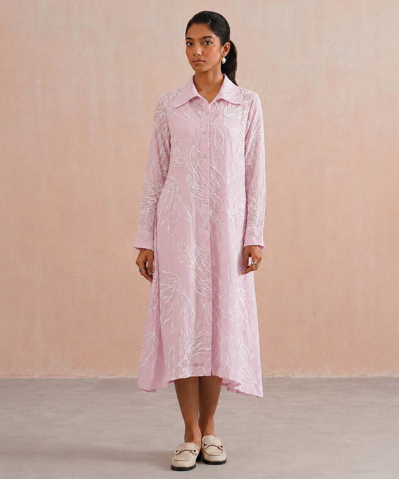 Pastel pink embroidered mul chanderi dress