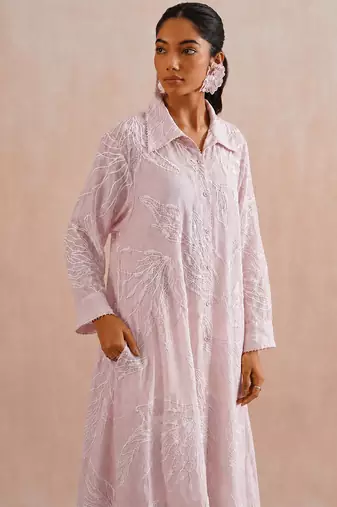 Pastel pink embroidered mul chanderi dress