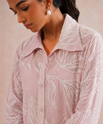 Pastel pink embroidered mul chanderi dress 5