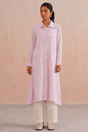 Rose pink embroidered mul chanderi co ord set