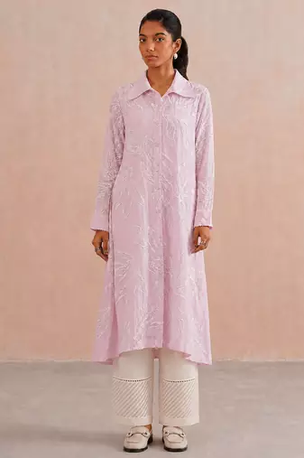 Rose pink embroidered mul chanderi co ord set