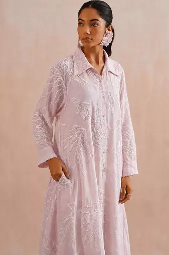 Rose pink embroidered mul chanderi co ord set
