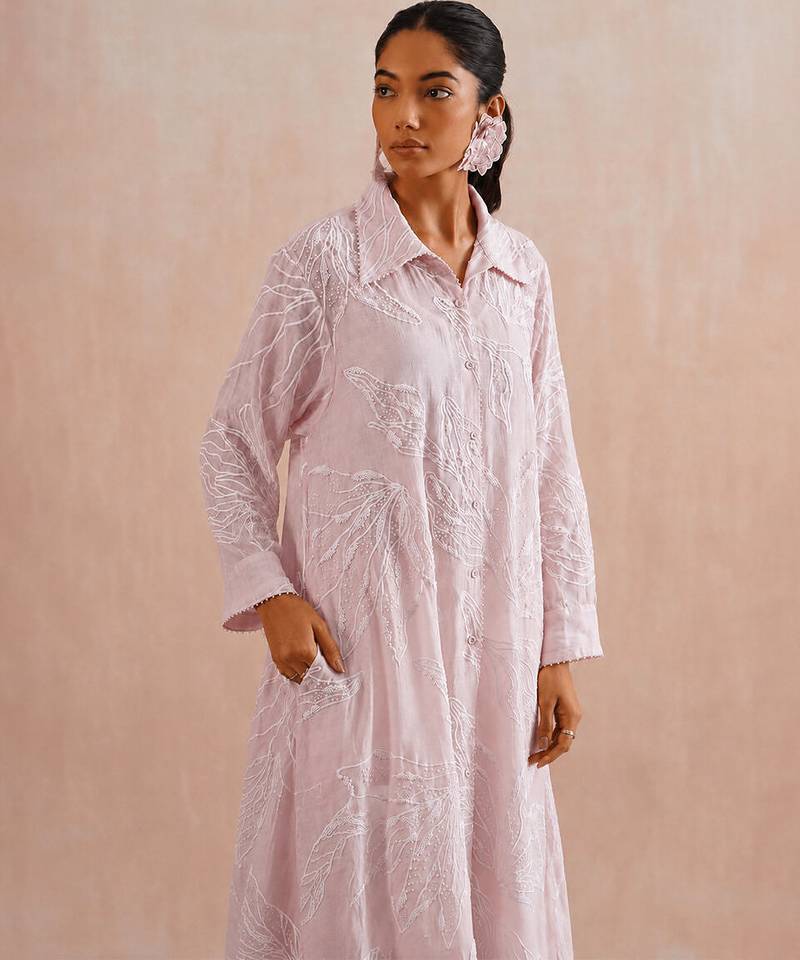 Rose pink embroidered mul chanderi co ord set