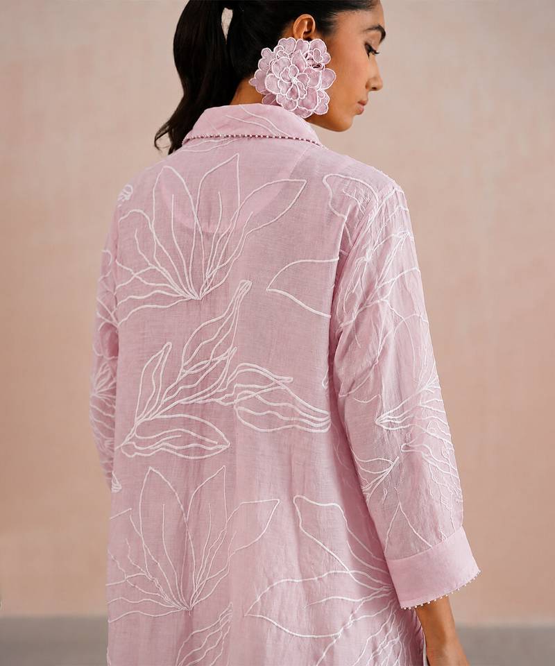 Rose pink embroidered mul chanderi co ord set