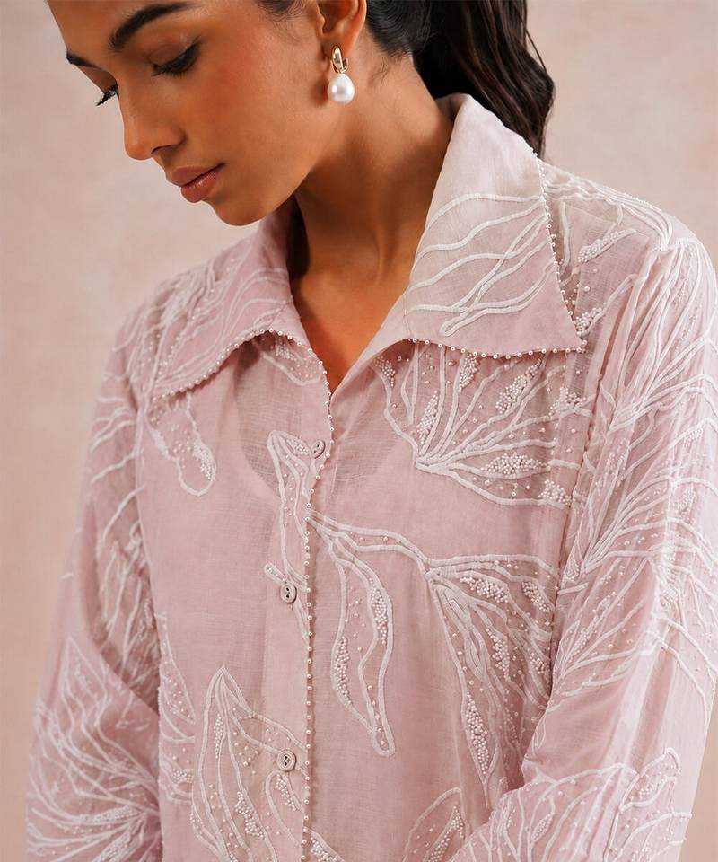 Rose pink embroidered mul chanderi co ord set