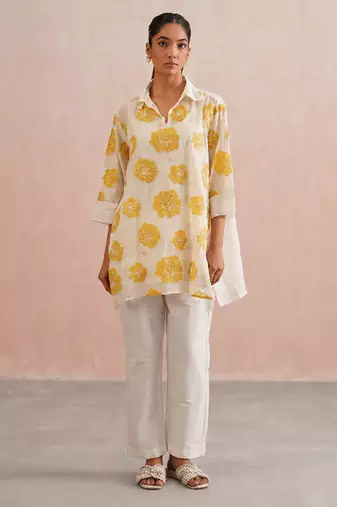 Off White Yellow embroidered mul chanderi co ord set