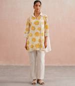 Off White Yellow embroidered mul chanderi co ord set
