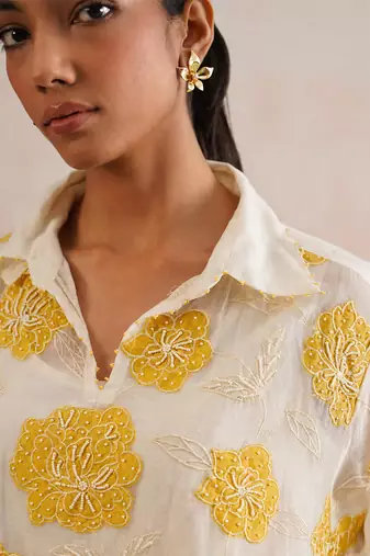 Off White Yellow embroidered mul chanderi co ord set