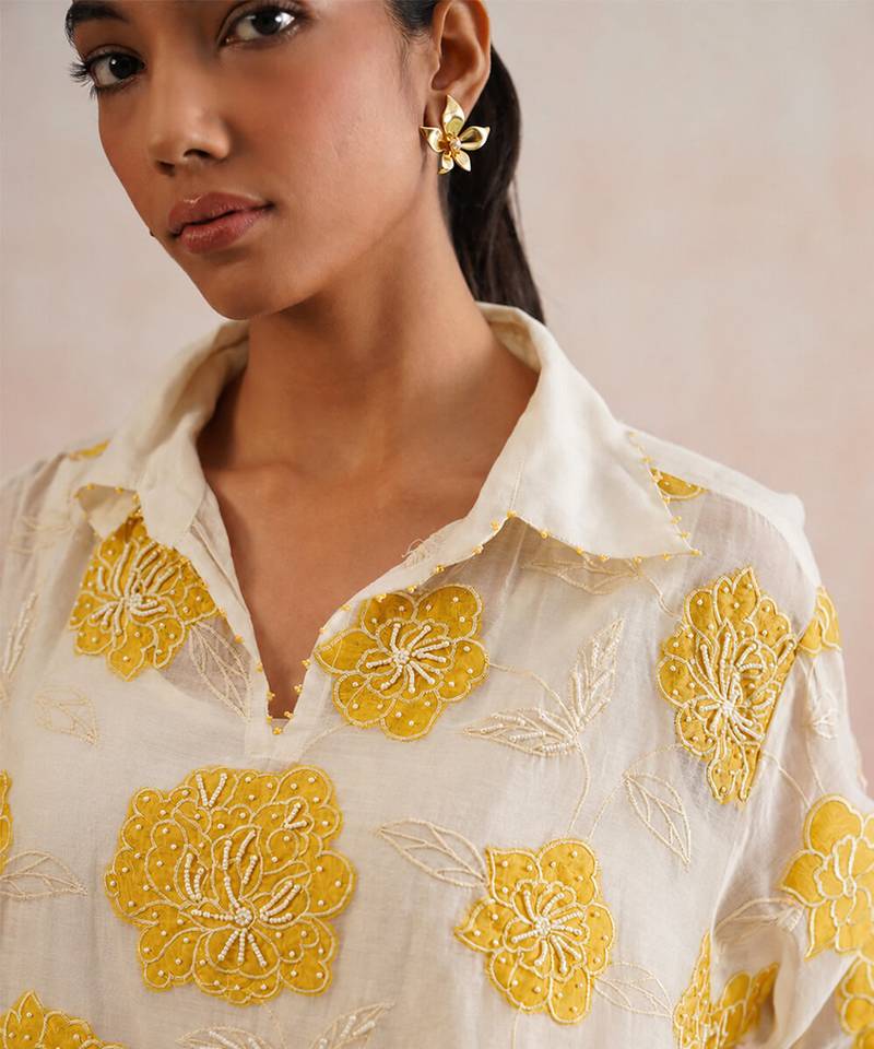 Off White Yellow embroidered mul chanderi co ord set