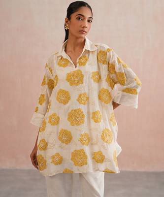 Off White Yellow embroidered mul chanderi co ord set 3