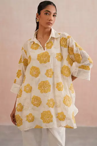 Off White Yellow embroidered mul chanderi co ord set