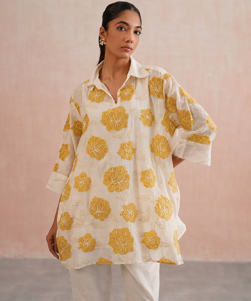 Off White Yellow embroidered mul chanderi co ord set