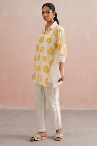 Off White Yellow embroidered mul chanderi co ord set