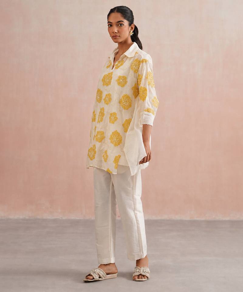 Off White Yellow embroidered mul chanderi co ord set