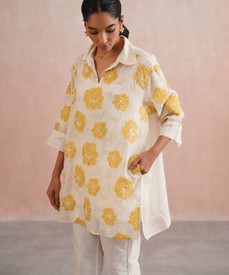 Off White Yellow embroidered mul chanderi co ord set 5