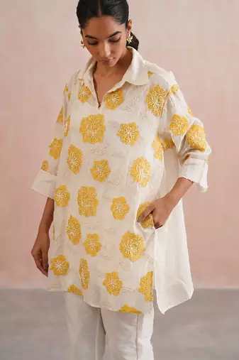 Off White Yellow embroidered mul chanderi co ord set