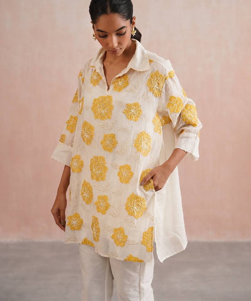 Off White Yellow embroidered mul chanderi co ord set