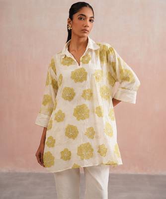 Off White lime green embroidered mul chanderi co ord set 1
