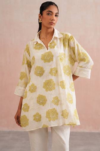Off White lime green embroidered mul chanderi co ord set