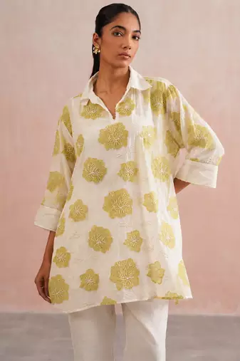 Off White lime green embroidered mul chanderi co ord set