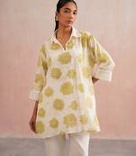 Off White lime green embroidered mul chanderi co ord set