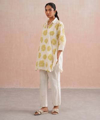 Off White lime green embroidered mul chanderi co ord set 2
