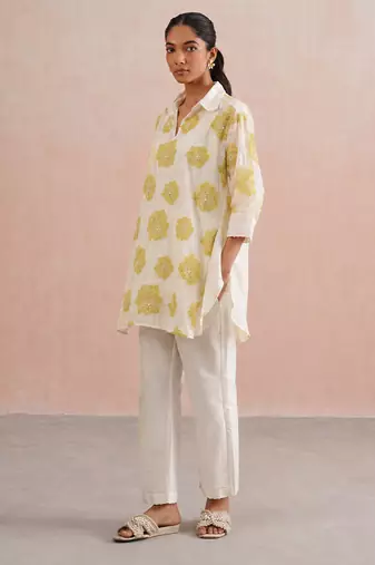 Off White lime green embroidered mul chanderi co ord set