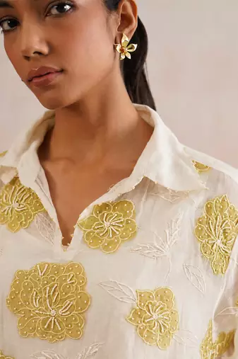 Off White lime green embroidered mul chanderi co ord set