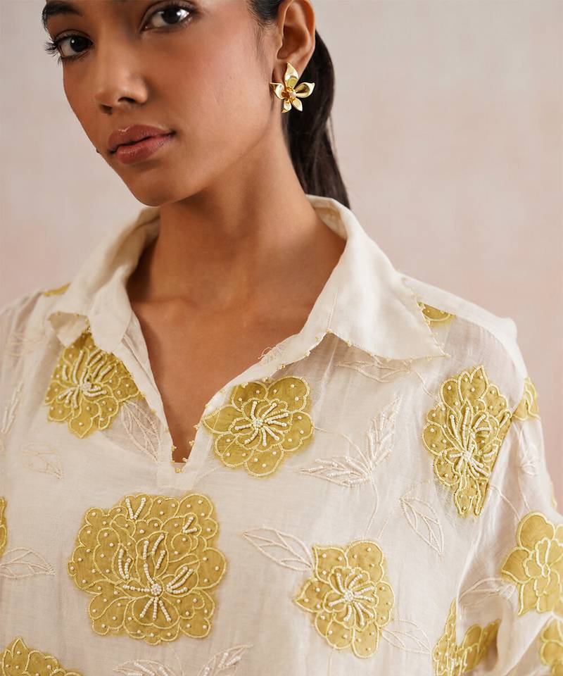 Off White lime green embroidered mul chanderi co ord set