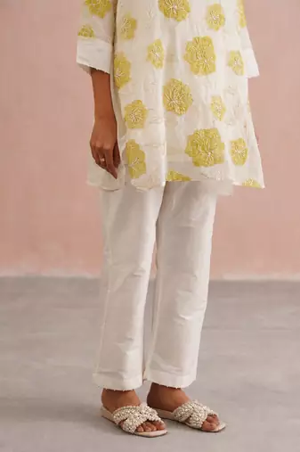Off White lime green embroidered mul chanderi co ord set
