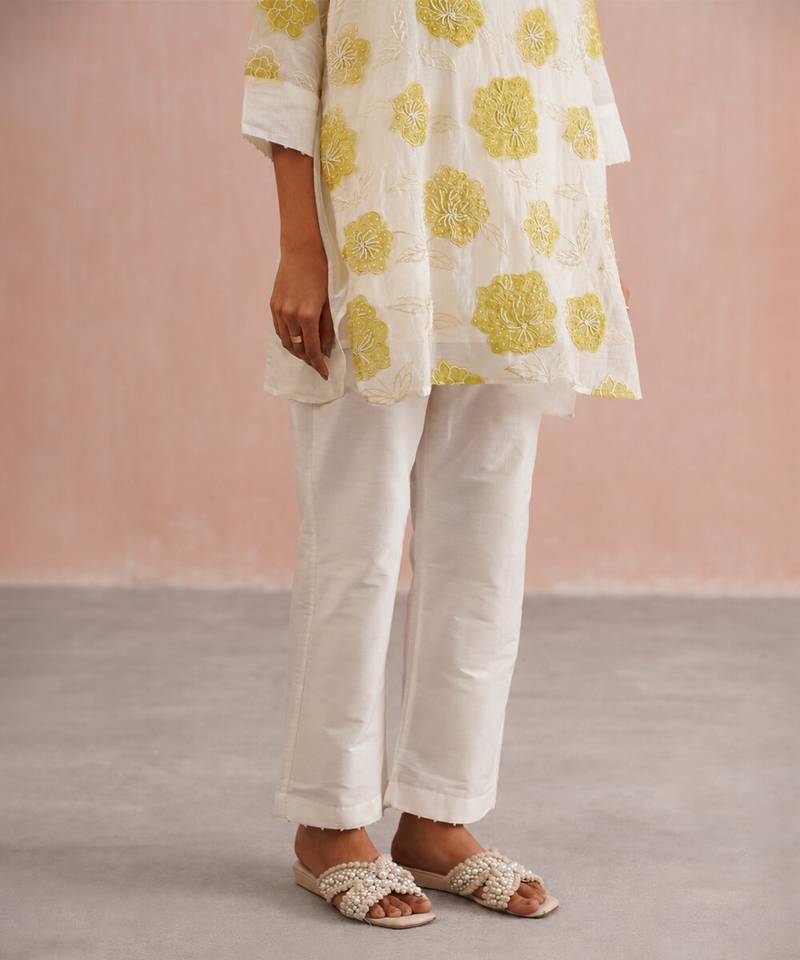Off White lime green embroidered mul chanderi co ord set