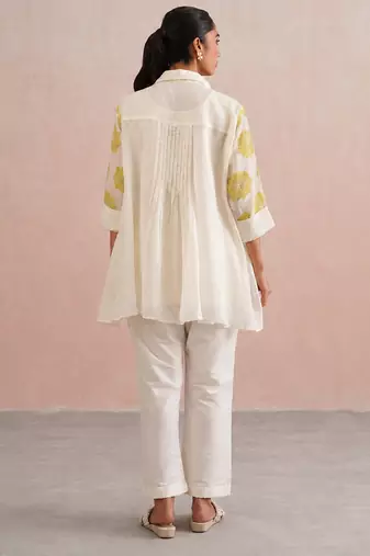 Off White lime green embroidered mul chanderi co ord set