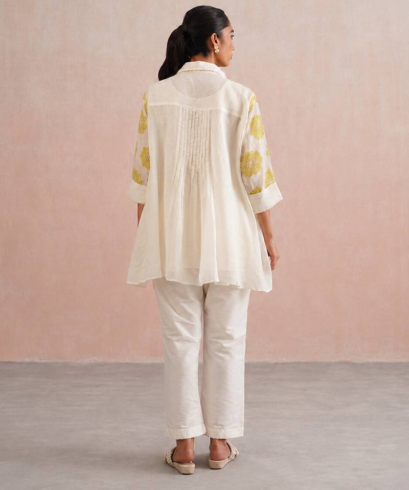 Off White lime green embroidered mul chanderi co ord set