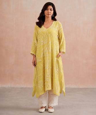 Lemon yellow embroidered mul chanderi co ord set 1