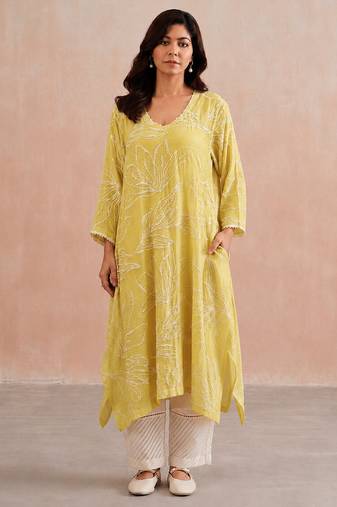 Lemon yellow embroidered mul chanderi co ord set