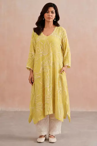 Lemon yellow embroidered mul chanderi co ord set